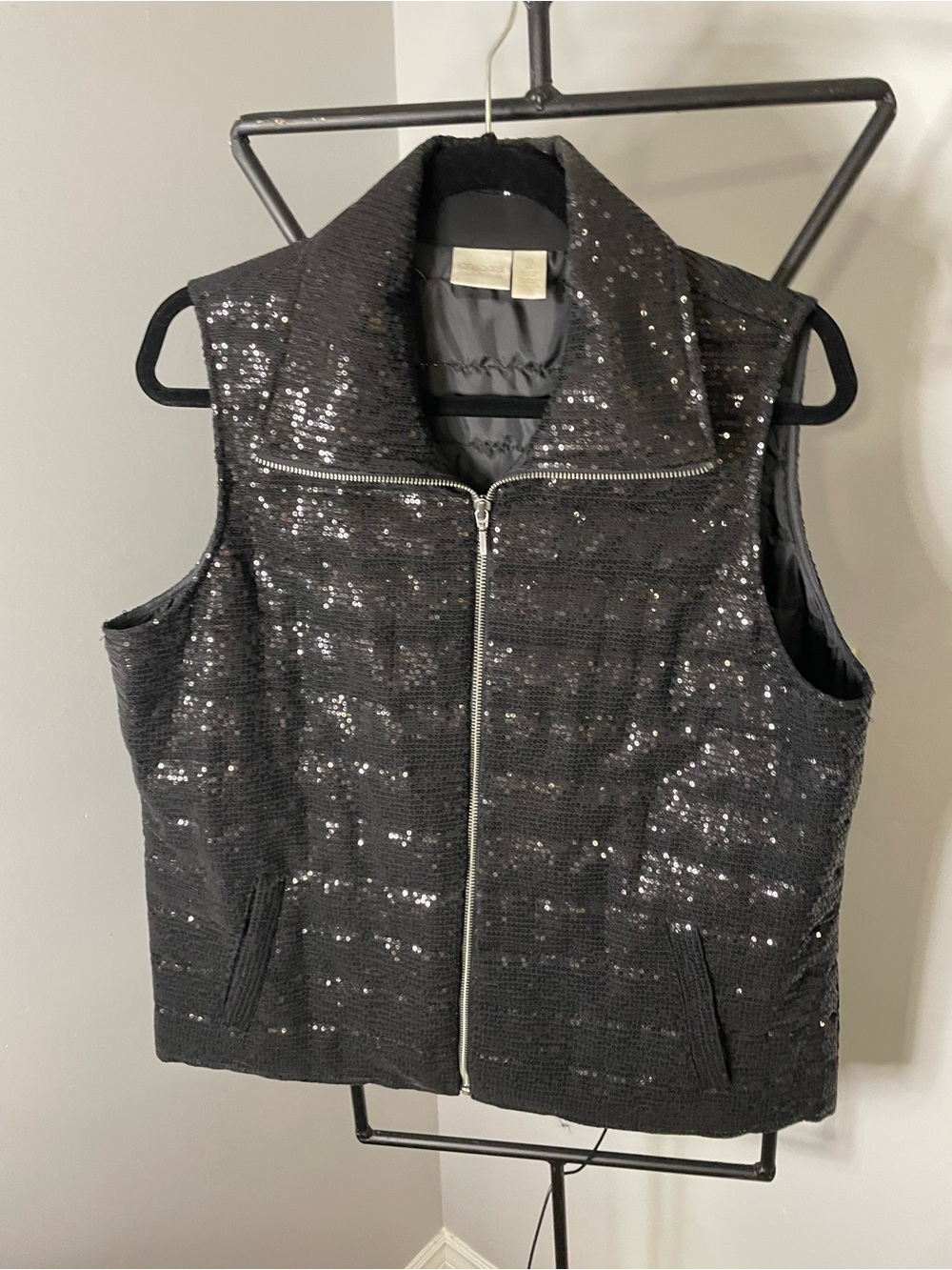 Chico's Black Sequin Zip-Front Vest